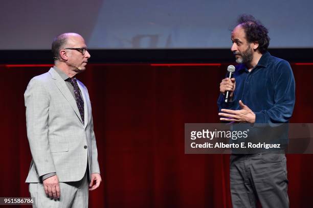 Head of Marketing & Distribution at Amazon Studios, Bob Berney and director Luca Guadagnino speak onstage during CinemaCon 2018- Amazon Studios: An...