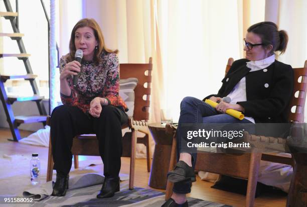 Director Susanna White and Producer Amy Hobby speak on the panel at the Woman Walks Ahead Mentor Event, Presented By DirecTV on April 26, 2018 in New...