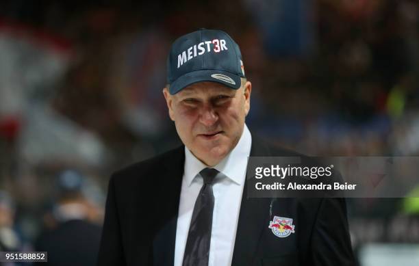 Team coach Don Jackson of EHC Red Bull Muenchen smiles after winning the German Championship title after the DEL Play-offs Final Match 7 between EHC...