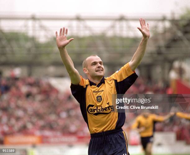 Danny Murphy of Liverpool celebrates scoring the second goal of the match during the FA Carling Premiership match against Charlton Athletic played at...