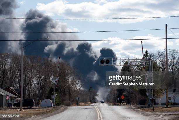Smoke rises from a fire at the Husky Oil Refinery on April 26, 2018 in Superior, Wisconsin. An explosion at the refinery have caused fires, injuries...