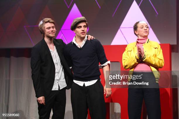 Tom Gramenz, Jonas Dassler and Anna-Lena Klenke at the New Faces Award Film at Spindler & Klatt on April 26, 2018 in Berlin, Germany.