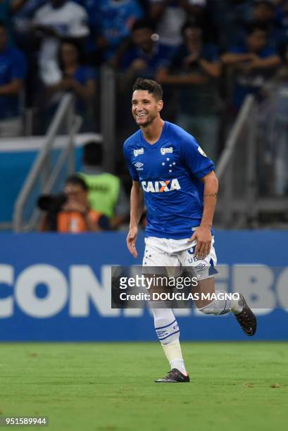 Thiago Neves of Brazil's Cruzeiro celebrates his goal against Chile's Universidad de Chile, during their 2018 Copa Libertadores match held at...