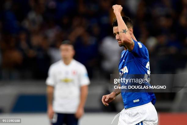 Thiago Neves of Brazil's Cruzeiro, celebrates his goal against Chile's Universidad de Chile, during their 2018 Copa Libertadores match held at...
