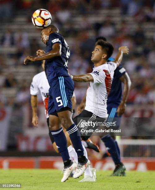 Dixon Jair Arroyo Espinoza of Emelec heads the ball during a match between River Plate and Emelec as part of Copa CONMEBOL Libertadores 2018 at...