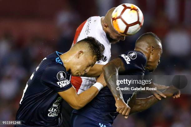 Jonatan Maidana of River Plate heads the ball during a match between River Plate and Emelec as part of Copa CONMEBOL Libertadores 2018 at Estadio...