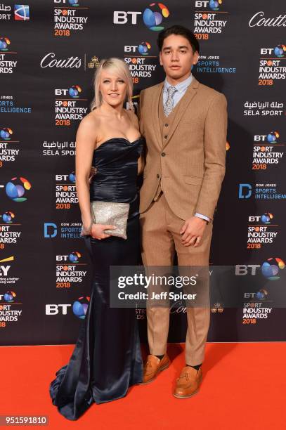 Elise Christie and Shaolin Sándor Liu arrives at the red carpet during the BT Sport Industry Awards 2018 at Battersea Evolution on April 26, 2018 in...