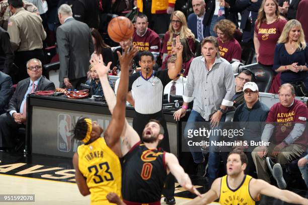 Referee official Bill Kennedy makes a call during the game between Cleveland Cavaliers and Indiana Pacers in Game Five of Round One of the 2018 NBA...