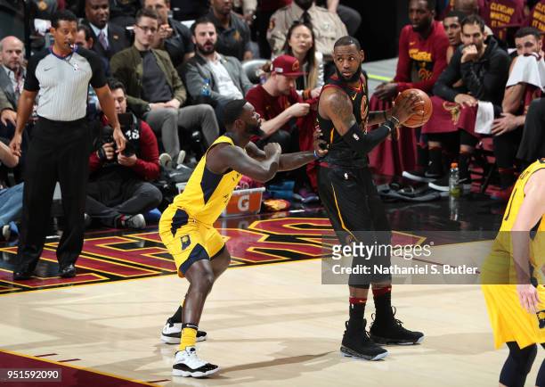 Lance Stephenson of the Indiana Pacers plays defense against LeBron James of the Cleveland Cavaliers as he handles the ball in Game Five of Round One...
