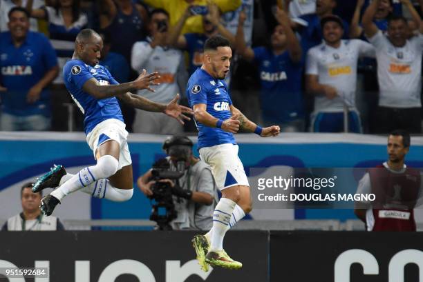 Sassa of Brazil's Cruzeiro, celebrates with Rafinha his goal against Chile's Universidad de Chile, during their 2018 Copa Libertadores match held at...