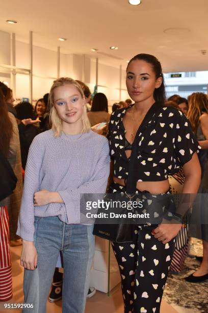 Maddi Waterhouse and Cora Corre attend the launch of the Bimba Y Lola Love Hattie Stewart collaborative collection on April 26, 2018 in London,...
