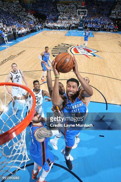 Josh Huestis of the Oklahoma City Thunder goes to the basket against the Utah Jazz in Game Five of Round One of the 2018 NBA Playoffs on April 25,...
