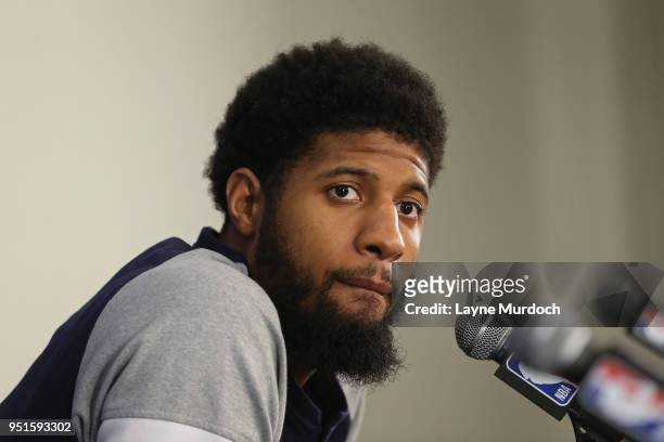 Paul George of the Oklahoma City Thunder speaks with the media during a press conference after the game against the Utah Jazz in Game Five of Round...