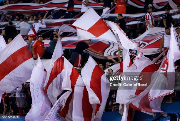 Fans of River Plate cheers their team during a match between River Plate and Emelec as part of Copa CONMEBOL Libertadores 2018 at Estadio Monumental...