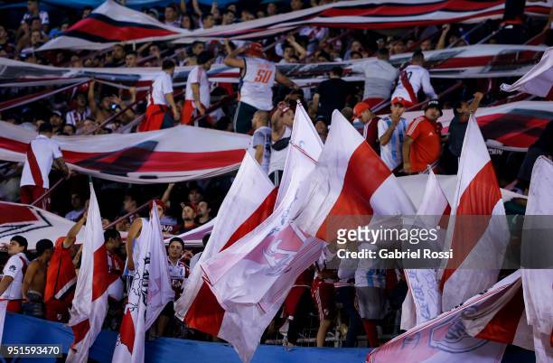 Fans of River Plate cheers their team during a match between River Plate and Emelec as part of Copa CONMEBOL Libertadores 2018 at Estadio Monumental...