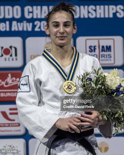 Very happy under 57kg gold medallist, Nora Gjakova of Kosovo during day one of the 2018 Tel Aviv European Judo Championships at the Tel Aviv...