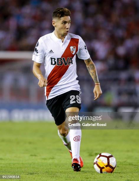 Gonzalo Montiel of River Plate drives the ball during a match between River Plate and Emelec as part of Copa CONMEBOL Libertadores 2018 at Estadio...