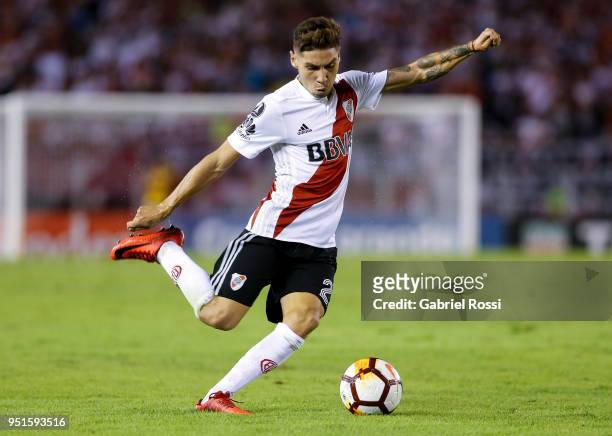 Gonzalo Montiel of River Plate kicks the ball during a match between River Plate and Emelec as part of Copa CONMEBOL Libertadores 2018 at Estadio...