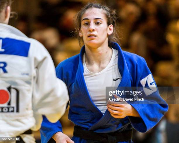 Nora Gjakova of Kosovo defeated Theresa Stoll of Germany by an ippon to win the u57kg gold medal during day one of the 2018 Tel Aviv European Judo...