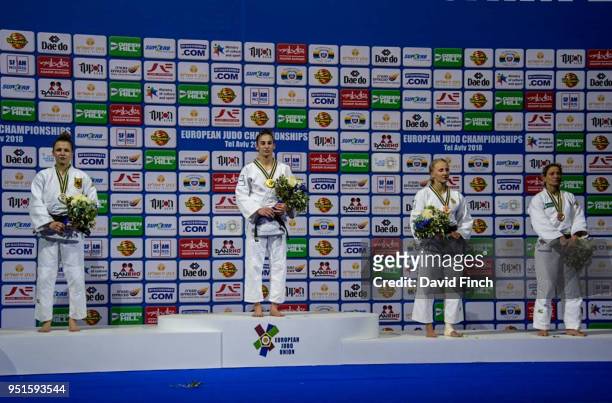 Under 57kg medallists L-R: Silver; Theresa Stoll , Gold; Nora Gjakova , Bronzes; Anastasiia Konkina and Telma Monteiro during day one of the 2018 Tel...