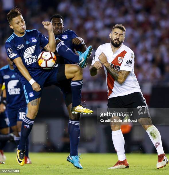 Marlon Mejia of Emelec kicks the ball during a match between River Plate and Emelec as part of Copa CONMEBOL Libertadores 2018 at Estadio Monumental...