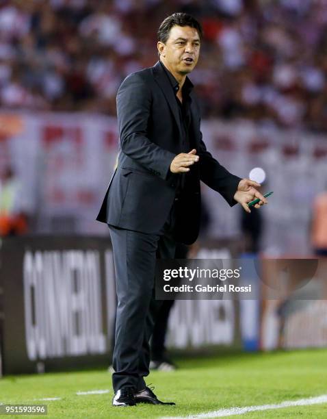 Marcelo Gallardo coach of River Plate gives instructions to his players during a match between River Plate and Emelec as part of Copa CONMEBOL...