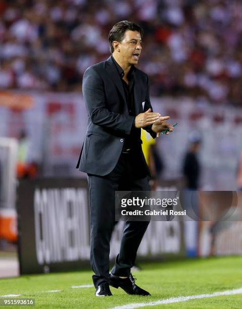 Marcelo Gallardo coach of River Plate gives instructions to his players during a match between River Plate and Emelec as part of Copa CONMEBOL...