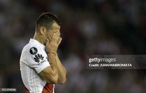 Argentina's River Plate forward Rodrigo Mora reacts after missing a chance to score against Ecuador's Emelec during the Copa Libertadores 2018 group...