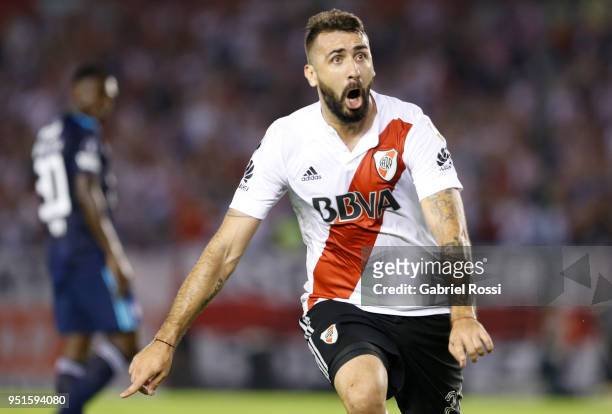 Lucas Pratto of River Plate celebrates after scoring the first goal of his team during a match between River Plate and Emelec as part of Copa...