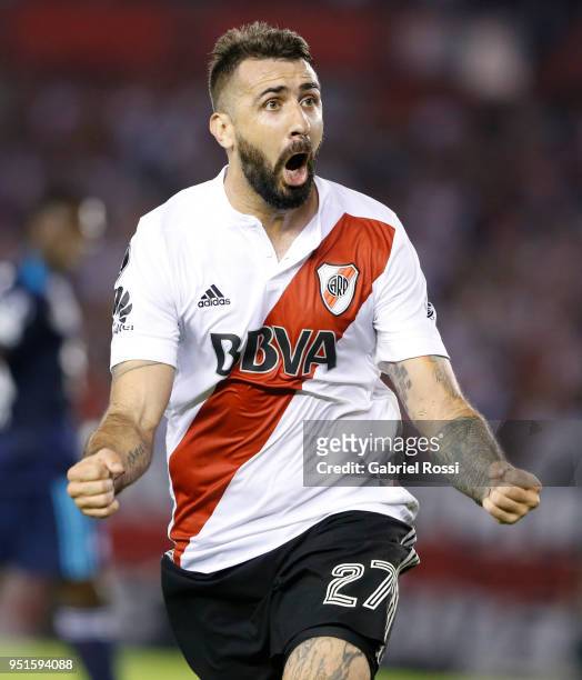 Lucas Pratto of River Plate celebrates after scoring the first goal of his team during a match between River Plate and Emelec as part of Copa...