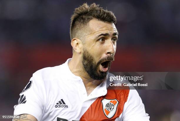 Lucas Pratto of River Plate celebrates after scoring the first goal of his team during a match between River Plate and Emelec as part of Copa...