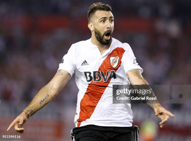 Lucas Pratto of River Plate celebrates after scoring the first goal of his team during a match between River Plate and Emelec as part of Copa...