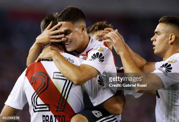Lucas Pratto of River Plate celebrates with teammate Juan Quintero after scoring the first goal of his team during a match between River Plate and...