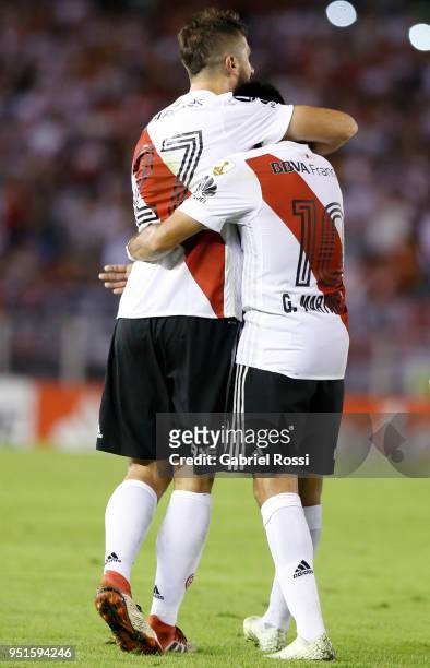 Lucas Pratto of River Plate celebrates with teammate Gonzalo Martinez after scoring the first goal of his team during a match between River Plate and...