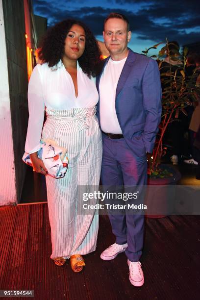 Devid Striesow and his girlfriend Ines Ganzberger attend the BUNTE New Faces Award Film at Spindler & Klatt on April 26, 2018 in Berlin, Germany.