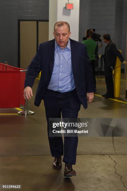 Head Coach Tom Thibodeau of the Minnesota Timberwolves arrives at the stadium before the game against the Houston Rockets in Game Five of the Western...