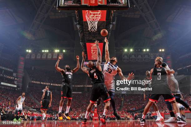 Karl-Anthony Towns of the Minnesota Timberwolves shoots the ball against the Houston Rockets in Game Five of the Western Conference Quarterfinals...