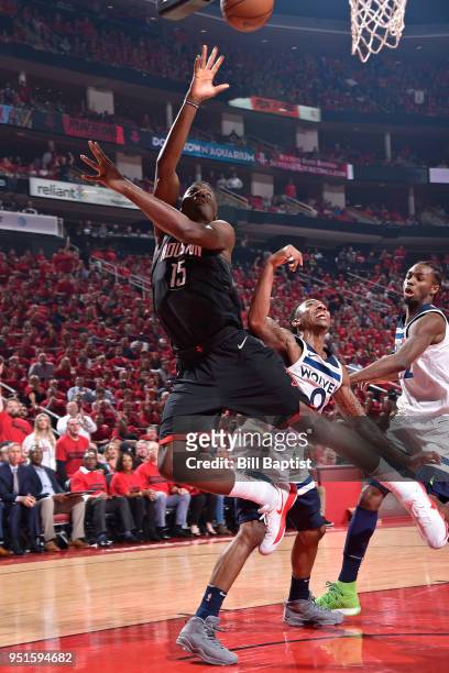Clint Capela of the Houston Rockets shoots the ball against the Minnesota Timberwolves in Game Five of the Western Conference Quarterfinals during...