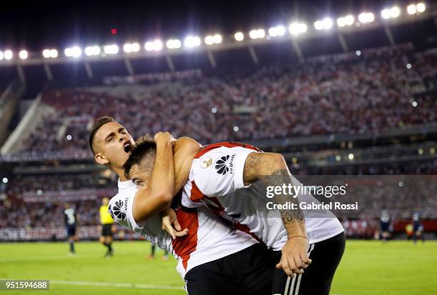 Lucas Pratto of River Plate celebrates with teammate Rafael Santos Borré after scoring the first goal of his team during a match between River Plate...