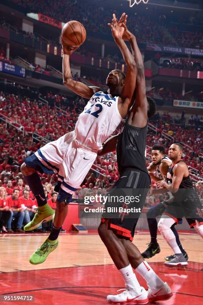 Andrew Wiggins of the Minnesota Timberwolves shoots the ball against the Houston Rockets in Game Five of the Western Conference Quarterfinals during...