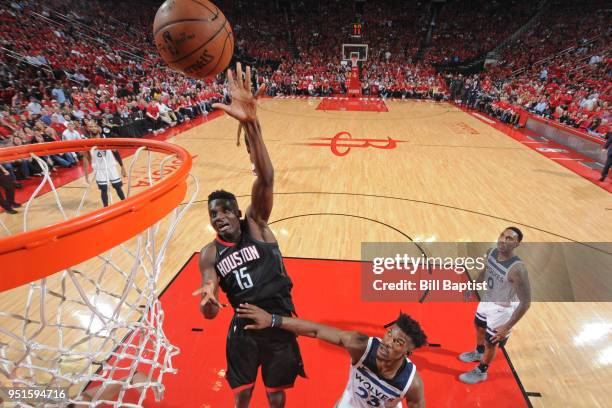 Clint Capela of the Houston Rockets shoots the ball against the Minnesota Timberwolves in Game Five of the Western Conference Quarterfinals during...