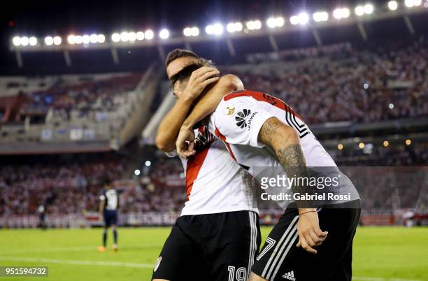 Lucas Pratto of River Plate celebrates with teammate Rafael Santos Borré after scoring the first goal of his team during a match between River Plate...