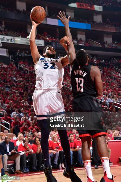 Karl-Anthony Towns of the Minnesota Timberwolves shoots the ball against the Houston Rockets in Game Five of the Western Conference Quarterfinals...