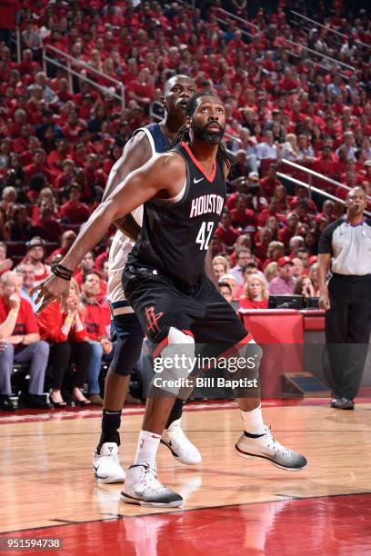 Nene Hilario of the Houston Rockets plays defense against the Minnesota Timberwolves in Game Five of the Western Conference Quarterfinals during the...