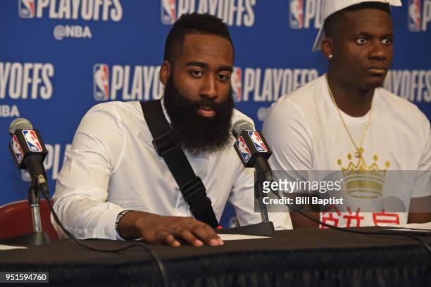 James Harden of the Houston Rockets speaks with the media during a press conference after the game against the Minnesota Timberwolves in Game Five of...