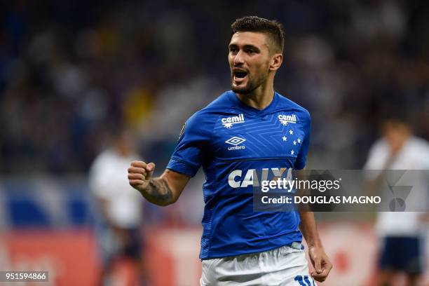 Uruguayan Giorgian De Arrascaeta, of Brazilian team Cruzeiro, celebrates after scoring against Chile's Universidad de Chile, during their Copa...