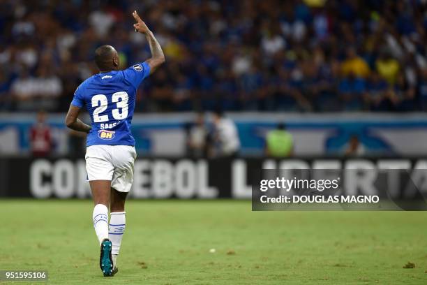 Sassa, of Brazilian team Cruzeiro, celebrates after scoring against Chile's Universidad de Chile, during their Copa Libertadores football match at...