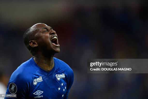 Sassa, of Brazilian team Cruzeiro, celebrates after scoring against Chile's Universidad de Chile, during their Copa Libertadores football match at...