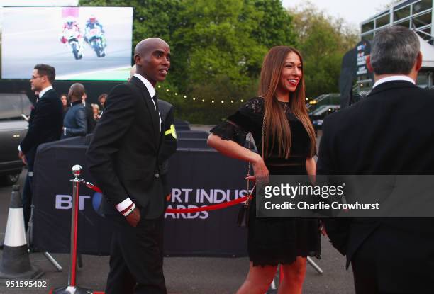 Sir Mo Farah and his wife Tania Nell arrives at the red carpet during the BT Sport Industry Awards 2018 at Battersea Evolution on April 26, 2018 in...