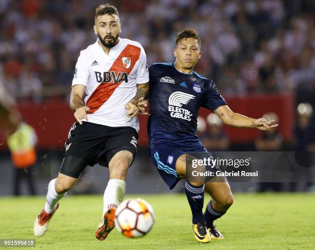 Lucas Pratto of River Plate fights for the ball with Marlon Mejia of Emelec during a match between River Plate and Emelec as part of Copa CONMEBOL...